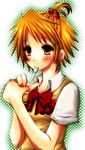  1boy blush bow bowtie brown_eyes brown_sweater_vest commentary_request crossdressing crossdressing_(mtf) food-themed_hair_ornament green_outline hair_ornament hanamura_yousuke high_side_ponytail holding male_focus mitarou8100 mouth_hold orange_hair outline own_hands_together persona persona_4 red_bow red_bowtie school_uniform shirt short_hair short_side_ponytail short_sleeves side_ponytail sidelocks solo strawberry_hair_ornament sweater_vest trap upper_body white_background white_shirt 