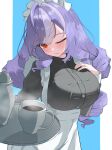  1girl absurdres alternate_costume apron bonnet breasts commentary_request dress drill drill_hair drill_sidelocks frilled_apron frills hand_on_own_chest highres holding holding_tray long_hair maid maid_apron maid_headdress manatu01 multicolored_hair one_eye_closed puffy_sleeves purple_hair red_eyes sidelocks solo tray twin_drills vivian_banshee waist_apron white_apron white_headdress zenless_zone_zero 
