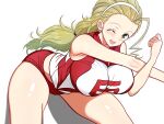  1girl bent_over blonde_hair blush breasts buruma commentary_request girls_und_panzer gratin_(kumaisao) green_eyes hairband highres large_breasts long_hair looking_at_viewer one_eye_closed ooarai_volleyball_uniform open_mouth red_buruma sasaki_akebi sleeveless smile solo sportswear stretching sweat volleyball_uniform white_background 