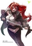  1girl ahoge belt black_boots black_jacket black_shorts boots breasts character_name collared_shirt commentary crop_top cropped_shirt dalim_diki dynamic_pose eris_greyrat eris_greyrat_(adult) feet_out_of_frame fur-trimmed_jacket fur_trim highres holding holding_sword holding_weapon jacket large_breasts long_hair long_sleeves multiple_belts mushoku_tensei navel open_clothes open_jacket open_mouth red_eyes red_hair scabbard sheath shirt shorts signature simple_background sleeveless sleeveless_shirt solo standing sword thigh_boots unsheathing weapon white_background white_shirt zettai_ryouiki 