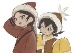  1boy 1girl arm_behind_head arm_wrap black_eyes black_hair braid commentary_request fur-trimmed_headwear fur_trim ham432hz highres khulan_(tenmaku_no_jaadugar) korean_commentary kultukan_(tenmaku_no_jaadugar) looking_at_another looking_at_viewer mongolian_clothes one_eye_closed open_mouth red_robe robe sleeves_past_fingers sleeves_past_wrists tenmaku_no_jaadugar yellow_robe 