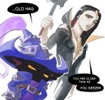  1boy 1girl animal_ears belt black_dress black_hair blue_coat breasts brown_belt cat_ears coat dress english_text hat highres league_of_legends leblanc_(league) long_hair medium_breasts speech_bubble teeth veigar_(league) wizard_hat xpyray yellow_eyes yordle 