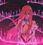  1girl ai_(ai1470) arms_at_sides bare_shoulders bleach bleach:_sennen_kessen-hen bleeding blood blood_from_forehead blood_on_arm blood_on_clothes blood_on_face blood_stain blue_collar breasts brown_eyes center_opening cleavage cleavage_cutout clothing_cutout collar commentary_request cowboy_shot crop_top dated detached_sleeves english_text expressionless eyelashes floating_hair glowing hair_between_eyes hair_over_one_eye highres inoue_orihime large_breasts long_hair looking_at_viewer midriff navel open_mouth orange_hair pink_light ryona shun_shun_rikka skirt sleeveless slouching standing teeth torn_clothes torn_sleeves very_long_hair white_skirt 