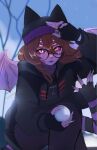  1girl acra_bloom arthropod_girl beanie breasts brown_hair colored_sclera colored_skin dante_will dante_will_(spider) dante_will_(winter) extra_arms extra_eyes fingernails hat highres holding hood hoodie indie_virtual_youtuber long_hair monster_girl purple_skin red_sclera sharp_fingernails shirt smile snowball virtual_youtuber wings 