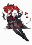  1girl absurdres animal_ears boots cat_ears corset demon_tail demon_wings drill_hair ershuihe fur_trim hair_ornament hairclip highres jacket kasane_teto looking_at_viewer open_clothes open_jacket pantyhose red_eyes red_hair sitting smile solo tail twin_drills utau wings 