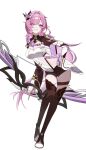  1girl black_boots black_shorts black_shrug blue_eyes boots bow_(weapon) breasts commentary corset elf elysia_(honkai_impact) elysia_(miss_pink_elf)_(honkai_impact) full_body hair_ornament highres holding holding_bow_(weapon) holding_weapon honkai_(series) honkai_impact_3rd large_breasts long_hair looking_at_viewer pink_hair pointy_ears short_shorts shorts shrug_(clothing) simple_background smile solo thigh_boots thighs unimaru_sann very_long_hair weapon white_background white_corset 