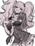  1girl :q absurdres bear_hair_ornament blush bow breasts choker cleavage commentary_request danganronpa:_trigger_happy_havoc danganronpa_(series) enoshima_junko hair_ornament highres large_breasts long_hair miniskirt necktie nelt pleated_skirt shirt_bow skirt smile tongue tongue_out twintails two-tone_necktie 