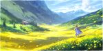  1girl blonde_hair blue_dress blue_sky braid cloud commentary_request day dress field flower flower_field highres house long_hair long_sleeves mountain odaartworks original outdoors scenery shirt sky smoke solo tree twin_braids valley white_shirt wide_shot yellow_flower 