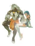  1boy 1girl alt_text banyue_(zenless_zone_zero) bare_shoulders blue_eyes blue_hair breasts clothed_robot clothes_around_waist clothing_cutout commentary dress elbow_gloves english_commentary feet gloves grey_hair highres humanoid_robot invisible_chair long_hair motion_lines open_mouth pupgutty robot robot_boy seed_(zenless_zone_zero) simple_background sitting small_breasts stirrup_legwear thigh_cutout toeless_legwear toes white_background white_dress white_gloves zenless_zone_zero 