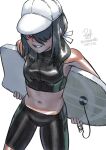  1girl baseball_cap bike_shorts breasts commentary cowboy_shot cropped_rash_guard dated hair_over_one_eye hat highres kantai_collection kumano_maru_(kancolle) kumano_maru_(swimsuit)_(kancolle) low_ponytail midriff navel ponytail rash_guard revision ron_(pixiv83091338) signature simple_background small_breasts solo surfboard twitter_username untranslatable_commentary white_background white_hat 