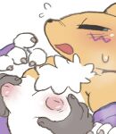  1boy 1girl =_= animal_ears animal_hands animal_nose black_sclera blue_eyes blush body_fur breasts claws closed_eyes colored_sclera commentary detached_sleeves digimon digimon_(creature) english_commentary facial_mark flat_chest flying_sweatdrops fox_ears fox_girl furry furry_female furry_with_non-furry gloves grabbing_another's_breast groping half-closed_eyes hand_up hands_up hetero highres interspecies inverted_nipples mirukipuff neck_fur nipples nose_blush open_mouth purple_gloves purple_sleeves renamon sideways_mouth simple_background snout solo_focus sweat sweatdrop two-tone_fur upper_body white_background white_fur yellow_fur 