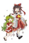  2girls ascot bag bow brown_hair brown_shoes chinese_commentary cloud_print commentary_request curly_hair detached_sleeves frilled_bow frilled_hair_tubes frilled_skirt frills full_body geta green_eyes green_hair hair_bow hair_tubes hakurei_reimu height_difference highres holding holding_bag horns kariyushi_shirt komainu_girl komano_aunn long_hair mary_janes multiple_girls open_mouth paw_pose red_bow red_shirt red_skirt ribbon-trimmed_sleeves ribbon_trim sayoko404 shirt shoes short_sleeves shorts simple_background single_horn skirt skirt_set smile socks toes touhou walking white_background white_shorts white_socks yellow_ascot 