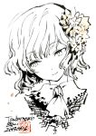 1girl ascot closed_mouth collared_shirt commentary_request cropped_head dated flower greyscale hair_flower hair_ornament head_tilt kazami_yuuka monochrome seal_impression shirt short_hair signature simple_background smile solo spot_color touhou tsubameyado white_background yellow_flower 