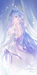  1girl absurdres alternate_costume artist_name bare_shoulders blue_hair breasts caisena character_name chinese_commentary closed_mouth commentary_request curtains detached_sleeves dress earrings face_jewel from_side green_eyes halo head_wings highres honkai:_star_rail honkai_(series) jewel_under_eye jewelry long_hair long_sleeves looking_at_viewer robin_(honkai:_star_rail) sideboob smile standing very_long_hair white_dress wings 