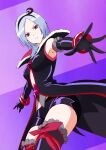  1girl absurdres anime_coloring bare_shoulders black_dress black_gloves black_hairband black_shorts black_thighhighs blue_hair breasts brown_eyes center_opening closed_mouth commentary_request cowboy_shot dress eas_(precure) elbow_gloves fresh_precure! frilled_gloves frilled_thighhighs frills frown fur-trimmed_collar fur_trim gloves hairband high-low_dress highres himamitsu_poppy looking_at_viewer medium_hair outstretched_arms parted_bangs precure purple_background reaching reaching_towards_viewer short_shorts shorts sleeveless sleeveless_dress solo split_mouth standing thighhighs two-tone_background v-shaped_eyebrows 