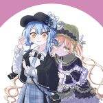  2girls bag bird_hat_ornament black_bag black_bow black_bowtie black_capelet black_hat blonde_hair blue_hair blue_necktie blue_skirt bonnet bow bow_flower bowtie braid braided_hair_rings capelet closed_mouth collared_shirt commentary_request contrast_collar deerstalker dress flower flower-trimmed_dress flower-trimmed_skirt frilled_capelet frilled_dress frilled_skirt frilled_sleeves frills furrowed_brow green_bonnet green_eyes grey_vest hair_bow hair_flower hair_ornament hair_rings hat hat_bow layered_dress layered_skirt lolita_fashion long_hair long_sleeves mahou_shoujo_no_majo_saiban multiple_girls necktie plaid_clothes plaid_skirt scotty_two shirt short_hair skirt smile tachibana_sherry tono_hanna tulip twintails two-tone_dress vest white_background white_flower white_shirt white_tulip wide_sleeves yellow_eyes yuri 