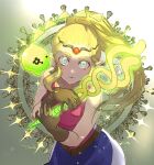 1girl belt blonde_hair brown_belt brown_gloves circlet closed_mouth commentary_request cowboy_shot creature expressionless floating_hair gem gloves glowing glowing_weapon gold_circlet grey_eyes hair_pulled_back hands_up holding holding_staff light_blush long_hair long_sidelocks looking_at_viewer pants pelvic_curtain pink_shirt pointy_ears ponytail princess_zelda red_gem royal_travel_attire_(zelda) shirt sidelocks signature sleeveless sleeveless_shirt solo_focus sparkle staff the_legend_of_zelda the_legend_of_zelda:_echoes_of_wisdom thick_eyebrows tri_(zelda) tri_rod two-tone_background weapon white_pants yamiochirink 
