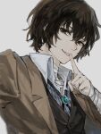  1boy bandaged_arm bandaged_neck bandages bangs black_hair bolo_tie brown_coat brown_eyes bungou_stray_dogs coat collared_shirt dazai_osamu_(bungou_stray_dogs) finger_to_mouth hair_between_eyes hiba_riko highres male_focus parted_lips shirt short_hair simple_background smile solo vest white_background white_shirt 