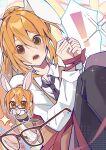  ! 1boy absurdres animal_ears black_necktie black_pants blonde_hair blush bound bound_wrists chibi chinese_commentary collared_shirt commentary_request degrees_of_lewdity dot_nose double-parted_bangs eyes_visible_through_hair hair_between_eyes hands_up highres knees_up long_sidelocks long_sleeves looking_at_viewer male_focus multiple_views necktie no_eyewear open_mouth pants ponytail rabbit_boy rabbit_ears rabbit_tail shirt sidelocks simple_background sweater_vest sydney_(degrees_of_lewdity) sydney_(male)_(degrees_of_lewdity) tail tied_up_(nonsexual) unworn_eyewear waixing_jinyu white_shirt wide-eyed yellow_sweater_vest 