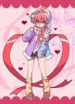  1boy :p absurdres ahoge bandaid bandaid_on_face bandaid_on_nose beret black_shorts blue_jacket blue_outline blue_streaks blush bow_legwear brown_vest collared_shirt cropped_vest double-parted_bangs eyeball fazernuo54188 frilled_jacket frills full_body hair_between_eyes hand_up hat heart heart_ahoge heart_of_string highres index_finger_raised jacket leg_warmers male_focus multicolored_hair multicolored_jacket necktie open_clothes open_jacket original outline pigeon-toed pink_eyes pink_hair pink_hat purple_jacket red_necktie shirt short_hair short_shorts shorts skindentation sleeve_bow sleeves_past_wrists streaked_hair tongue tongue_out tsurime two-tone_jacket untucked_shirt vest white_shirt yellow_leg_warmers zoom_layer 