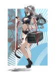  1girl absurdres animal_ears arknights arrow_(projectile) bag bare_legs belt_buckle black_scarf black_shorts breasts buckle can cat_ears cat_girl cat_tail chest_belt cleavage commentary crop_top drink_can duffel_bag earpiece food food_in_mouth full_body gradient_hair grey_hair heel_up highres holding holding_can holding_strap jacket large_breasts long_hair looking_at_viewer micro_shorts mouth_hold multicolored_hair navel ponytail popsicle popsicle_in_mouth quiver scarf schwarz_(arknights) see-through_clothes see-through_jacket shorts stomach tail wu_xian_heping yellow_eyes zoom_layer 