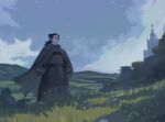  1boy black_eyes black_hair cape castle closed_mouth ear_piercing geto_suguru grass hair_bun jujutsu_kaisen long_hair medieval outdoors piercing solo tomiokamon 
