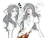  1girl blood blood_on_clothes blood_on_face breasts crying dress evil_smile grey_hair hair_ribbon hand_over_eye injury korean_text long_hair long_sleeves multiple_expressions multiple_views neck_ribbon original pankepen puffy_sleeves red_eyes ribbon smile speech_bubble streaming_tears tears translation_request upper_body v-shaped_eyebrows 