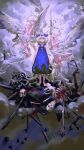  1girl 2boys absurdres angel angel_wings animal_ear_fluff animal_ears arknights barefoot bird blood blue_dress blue_flower brother_and_sister bubi204599 cat_boy cat_ears cat_girl cat_tail chinese_commentary closed_eyes closed_mouth cloud commentary_request dress expressionless feathered_wings flower flower_wreath full_body green_eyes grey_hair halo hands_up head_wreath highres holding holding_stuffed_toy loincloth long_hair looking_at_viewer multiple_boys own_hands_clasped own_hands_together rosmontis_(arknights) siblings skeleton skull sky sleeveless sleeveless_dress standing stuffed_animal stuffed_cat stuffed_toy tail very_long_hair white_hair white_wings wings 