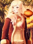  1girl absurdres alternate_costume autumn_leaves barbell_piercing blonde_hair blush brown_jacket closed_mouth coat colored_tips ear_piercing english_commentary evening falling_leaves food food_in_mouth highres jacket kitagawa_marin lantern leaf long_hair long_sleeves looking_at_viewer mouth_hold multicolored_hair orange_eyes outdoors paper_lantern piercing pocky pocky_in_mouth solo sono_bisque_doll_wa_koi_wo_suru sweater tan0915 tree upper_body winter_clothes winter_coat yellow_sweater 