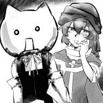  2others androgynous bare_shoulders black_border border brooch cape cat cine_hamal coat collared_shirt commentary_request detached_collar detached_sleeves enraku_tsubakura enriolhc frown greyscale hair_between_eyes halftone hand_on_own_cheek hand_on_own_face happy high_collar highres horrified jacket jewelry kuzu_suzumi len'en long_sleeves looking_at_another mascot_head monochrome multiple_others neck_ribbon o_o open_clothes open_jacket open_mouth other_focus outline outside_border ribbon ribbon-trimmed_sleeves ribbon_trim scarf shirt short_hair sleeveless sleeveless_coat sleeveless_jacket sleeveless_shirt smile turban upper_body wavy_hair white_background white_outline 