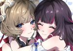 2girls absurdres arm_on_another's_shoulder armlet bare_shoulders black_collar black_hair blue_eyes blush brown_hair closed_eyes closed_mouth collar colored_inner_hair columbina_(genshin_impact) commentary_request detached_collar double-parted_bangs facing_viewer genshin_impact headdress heads_together highres jewelry looking_at_viewer lossy-lossless multicolored_hair multiple_girls portrait purple_hair purple_streaks sandrone_(genshin_impact) short_hair smile stitched streaked_hair swept_bangs white_headdress wlpyx 