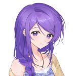  1girl absurdres braid brown_jacket camisole closed_mouth collarbone ear_piercing hair_over_shoulder highres jacket long_hair looking_at_viewer off_shoulder open_clothes open_jacket original piercing purple_camisole purple_eyes purple_hair rin_(ryne_0303) simple_background solo upper_body white_background 