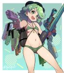  1girl :d aiming aiming_at_viewer alternate_costume bikini breasts camouflage camouflage_bikini commentary_request green_bikini green_eyes green_hair green_hat hat highres holding holding_water_gun jewelry key key_necklace looking_at_viewer navel necklace open_mouth small_breasts smile solo stomach swimsuit syope thighs touhou twitter_username water_gun yamashiro_takane 