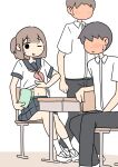  1girl 2boys afterimage black_sailor_collar black_skirt blush brown_hair chair collared_shirt commentary_request desk dress_shirt faceless faceless_male fanning_self full-face_blush juukyuu multiple_boys navel neckerchief on_chair one_eye_closed one_side_up original pink_neckerchief pleated_skirt sailor_collar school_chair school_desk school_uniform serafuku shirt shoes short_sleeves sitting skirt small_sweatdrop smile socks solid_circle_eyes stomach sweat white_background white_shirt white_shoes white_socks 