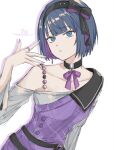  1girl :o black_choker black_dress black_hairband black_ribbon blue_eyes blue_hair bob_cut breasts choker cleavage collarbone colored_inner_hair dress expressionless fingernails grey_shirt hairband hairband_ribbon hand_up highres jewelry kiritani_haruka long_sleeves looking_at_viewer multicolored_hair nail_polish official_alternate_costume open_up_new_horizons!_(project_sekai) parted_lips project_sekai purple_dress purple_nails purple_ribbon ribbon ring shirt short_hair simple_background single_bare_shoulder solo sxz3a two-sided_fabric two-sided_ribbon two-tone_dress upper_body white_background 