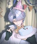  1boy absurdres black_gloves blue_hair cake chain chain_necklace coldified curtained_hair drop_shadow eating fingerless_gloves food giiio0716 gloves hair_over_one_eye hat highres holding holding_cake holding_food holding_plate jewelry looking_at_viewer male_focus minecraft_youtube necklace orange_eyes painterly party_hat plate ribbon shirt short_hair smile solo streamers string_of_flags white_shirt 