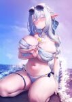  1girl absurdres anastasya_feodorovna_snezhnaya arm_support arm_under_breasts bare_arms bare_legs bare_shoulders beach bikini bikini_tug blue_eyes blue_gem blue_sky blush bow braid breasts chest_markings cleavage cloud collarbone colored_eyelashes commentary day diamond_(shape) earrings english_commentary eyepatch_bikini eyewear_on_head gem genshin_impact gradient_sky grey-framed_eyewear groin hair_bow hair_ornament half-closed_eyes head_tilt headpiece highres jewelry kishita_yuu large_breasts legs light_particles long_hair looking_at_viewer navel ocean on_ground outdoors parted_lips pointy_ears purple_sky seiza side-tie_bikini_bottom sideboob sitting skindentation sky solo sparkle splashing star_(symbol) stomach sunglasses swimsuit symbol-shaped_pupils thighs underboob water waves wet white_bikini white_eyelashes white_hair yellow_gem 
