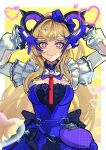 +_+ 1girl arknights arknights:_endfield arms_up black_choker blonde_hair blue_dress border breasts checkered_background choker closed_mouth commentary double_v dress frilled_choker frills hairband highres hoshino_ai's_pose liino_(arknights) long_hair looking_at_viewer oshi_no_ko pointy_ears shrug_(clothing) sidelocks smile solo sparkle_hair_ornament v washuu white_border white_shrug yellow_background 
