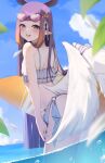  1girl :d absurdres bikini blue_sky blunt_bangs cloud commentary day eyewear_on_head feathered_wings flat_chest frilled_bikini frills gradient_hair grey_bikini hair_ribbon heart heart-shaped_eyewear highres holding holding_surfboard hololive hololive_english long_hair looking_at_viewer low_wings multicolored_hair ninomae_ina'nis ninomae_ina'nis_(holonatsu_paradise) o-ring o-ring_bikini ocean official_alternate_costume open_mouth orange_hair outdoors pointy_ears purple-tinted_eyewear purple_hair ribbon sidelocks sky smile solo sunglasses surfboard sweetwhite swimsuit tentacle_hair tinted_eyewear untranslatable_commentary very_long_hair virtual_youtuber wading white_wings wings 