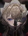  1girl absurdres black_background blue_eyes blunt_bangs brown_hair closed_mouth dumb_astra empty_eyes english_commentary eyelashes frills genshin_impact highres lips looking_at_viewer mechanical_eyes robot sandrone_(genshin_impact) short_hair_with_long_locks sidelocks simple_background solo white_headdress wing_collar 