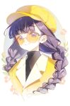 1girl absurdres black_hair black_skirt braid cardcaptor_sakura commentary daidouji_tomoyo hat highres jacket long_hair mai_(mornmeii) round_eyewear skirt smile solo sunglasses sweater tinted_eyewear turtleneck turtleneck_sweater twin_braids upper_body yellow-tinted_eyewear yellow_hat yellow_jacket 