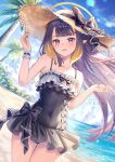  1girl :d bare_shoulders black_one-piece_swimsuit blue_eyes blue_sky casual_one-piece_swimsuit center-flap_bangs cloud commentary covered_navel cowboy_shot day english_commentary fang flat_chest frilled_one-piece_swimsuit frills gradient_hair halo hands_up hat highres hololive hololive_dreams hololive_english long_hair looking_at_viewer mole mole_under_eye multicolored_hair ninomae_ina'nis ninomae_ina'nis_(tracing_tide_memories) one-piece_swimsuit open_mouth orange_hair outdoors pointy_ears purple_hair sebu_illust sidelocks single_wrist_cuff skin_fang sky smile solo straw_hat sun_hat swimsuit tentacle_hair very_long_hair virtual_youtuber watermark wrist_cuffs 