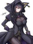  black_bodysuit black_coat black_gloves black_hair black_hood black_leotard black_pantyhose black_shrug bodysuit breasts cid_kagenou cid_kagenou_(shadow) cleavage coat commentary_request crossed_bangs gem genderswap genderswap_(mtf) gloves hand_on_own_hip highres hood hood_up kage_no_jitsuryokusha_ni_naritakute! leotard long_hair negitoro24sai pantyhose red_eyes see-through_cleavage see-through_clothes shrug_(clothing) strapless strapless_leotard white_background 