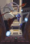  1girl 2others alien armor battle belt black_belt black_pantyhose blue_armor boots brown_boots cairo_station capelet earrings elevator elf frieren from_behind from_below halo_(series) halo_2 highres holding holding_staff jewelry kanokoga long_hair mage_staff multiple_others pantyhose plasma pointy_ears robe sangheili scene_reference signature sousou_no_frieren space space_station spacesuit staff star_(sky) steel_beam thrusters twintails white_capelet white_hair white_robe zero_gravity 