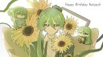  3boys brown_eyes closed_mouth coat collared_shirt commentary_request dress_shirt enkephalin_(project_moon) eyebrow_cut flower folded_ponytail gift giovanni_(project_moon) green_coat green_hair happy_birthday highres holding korean_commentary lapels library_of_ruina lobotomy_corporation long_hair long_sleeves male_focus mini_person miniboy multiple_boys multiple_persona netzach_(project_moon) pants project_moon shirt sidelocks simple_background smile sunflower tori3306 very_long_hair white_background white_shirt yellow_flower 