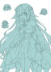  1girl :d absurdres breasts chibi chibi_inset commentary_request cowboy_shot detached_collar detached_sleeves dress fins flower genshin_impact hair_flower hair_ornament hair_over_one_eye head_fins highres long_hair looking_at_viewer monochrome sidelocks simple_background small_breasts smile very_long_hair vodyanitsa_(genshin_impact) white_background wk3bk 