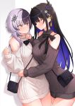  2girls absurdres aran_sweater asymmetrical_horns bag black_hair black_sweater blue_hair blush breasts cable_knit closed_mouth clothing_cutout colored_inner_hair commentary dress english_commentary flower flower_knot grey_hair hair_ornament hand_on_another's_chin handbag highres hololive hololive_english horn_flower horns large_breasts long_hair long_sleeves looking_at_another mole mole_under_eye multicolored_hair multiple_girls nerissa_ravencroft red_eyes shiori_novella shoulder_cutout sidelocks simple_background smile split-color_hair straight_hair sweater sweater_dress tassel tassel_hair_ornament turtleneck turtleneck_sweater uneven_horns very_long_hair virtual_youtuber white_background white_sweater yellow_eyes yoruhanamai yuri 