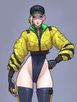  1girl alternate_costume arm_at_side ass_visible_through_thighs asymmetrical_bangs bare_hips baseball_cap black_hat blonde_hair blue_eyes blue_gloves blue_leotard blue_thighhighs breast_pocket cammy_white camouflage camouflage_jacket closed_mouth commentary contrapposto covered_navel cowboy_shot cropped_jacket fingerless_gloves gloves grey_background groin hand_on_own_hip hat highleg highleg_day highleg_leotard highres jacket jiggeh leotard leotard_under_clothes long_sleeves looking_at_viewer multicolored_thighhighs narrow_waist nose o-ring partially_unzipped pink_lips pocket popped_collar scar scar_on_cheek scar_on_face serious simple_background skindentation sleeve_cuffs solo standing street_fighter thigh_gap thighhighs turtleneck turtleneck_leotard two-sided_fabric two-sided_jacket two-tone_thighhighs v-shaped_eyebrows variant_set wide_hips yellow_jacket zipper zipper_pull_tab 