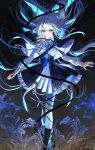  1girl asymmetrical_legwear black_boots black_capelet blue_hair blue_necktie boots capelet closed_mouth commentary_request cover cover_page dress highres long_hair long_sleeves looking_at_viewer majo_ni_kubiwa_wa_tsukerarenai miseria_(majokubi) necktie novel_cover official_art short_dress smile solo textless_cover_page wata_(attaka_towel) white_hair 