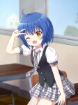  1girl :d ;d ahoge black_vest blue_hair blush bob_cut bow bowtie classroom commentary_request cowboy_shot darkpi_(sekzpeodgeodjg) desk fang gochuumon_wa_usagi_desu_ka? grey_bow grey_bowtie grey_skirt highres indoors jouga_maya looking_at_viewer on_desk one_eye_closed plaid_bow plaid_bowtie plaid_clothes plaid_skirt puffy_short_sleeves puffy_sleeves school_desk school_uniform shirt short_hair short_sleeves skin_fang skirt smile solo summer_uniform tedeza_rize's_school_uniform unbuttoned unbuttoned_shirt v v_over_head vest white_shirt window 